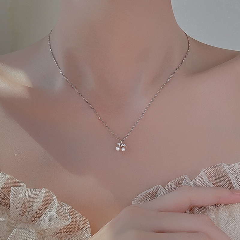 Kalung Rantai Desain Cherry Aksen Mutiara Gaya Korea Untuk Wanita