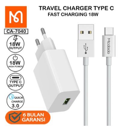 MCDODO CH-7040 KEPALA ADAPTOR ADAPTER CHARGER QC 3.0 18W FAST CHARGING + KABEL TYPE C XIAOMI OPPO