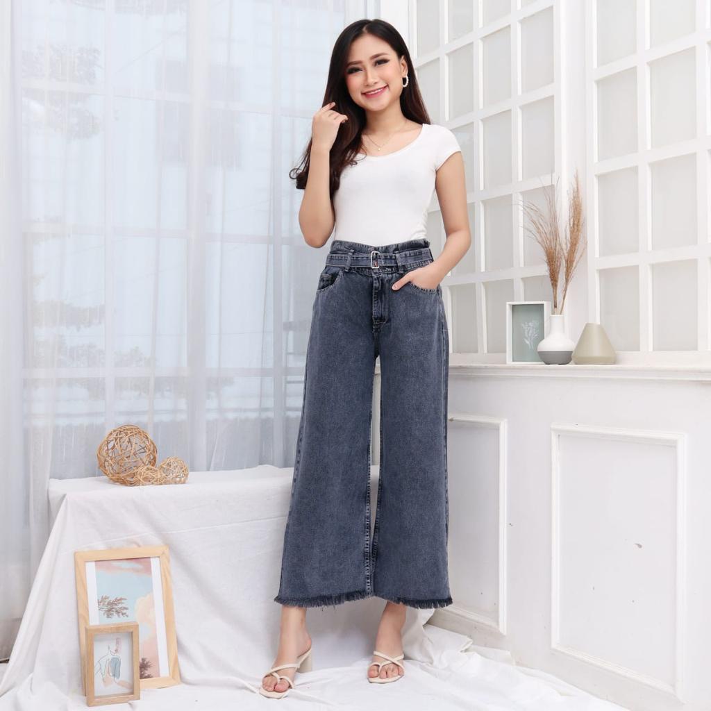 HOPYLOVY SALE Celana Kulot Jeans Wanita Highwaist Jeans Washed Free Belt BF Rawis Tanisa