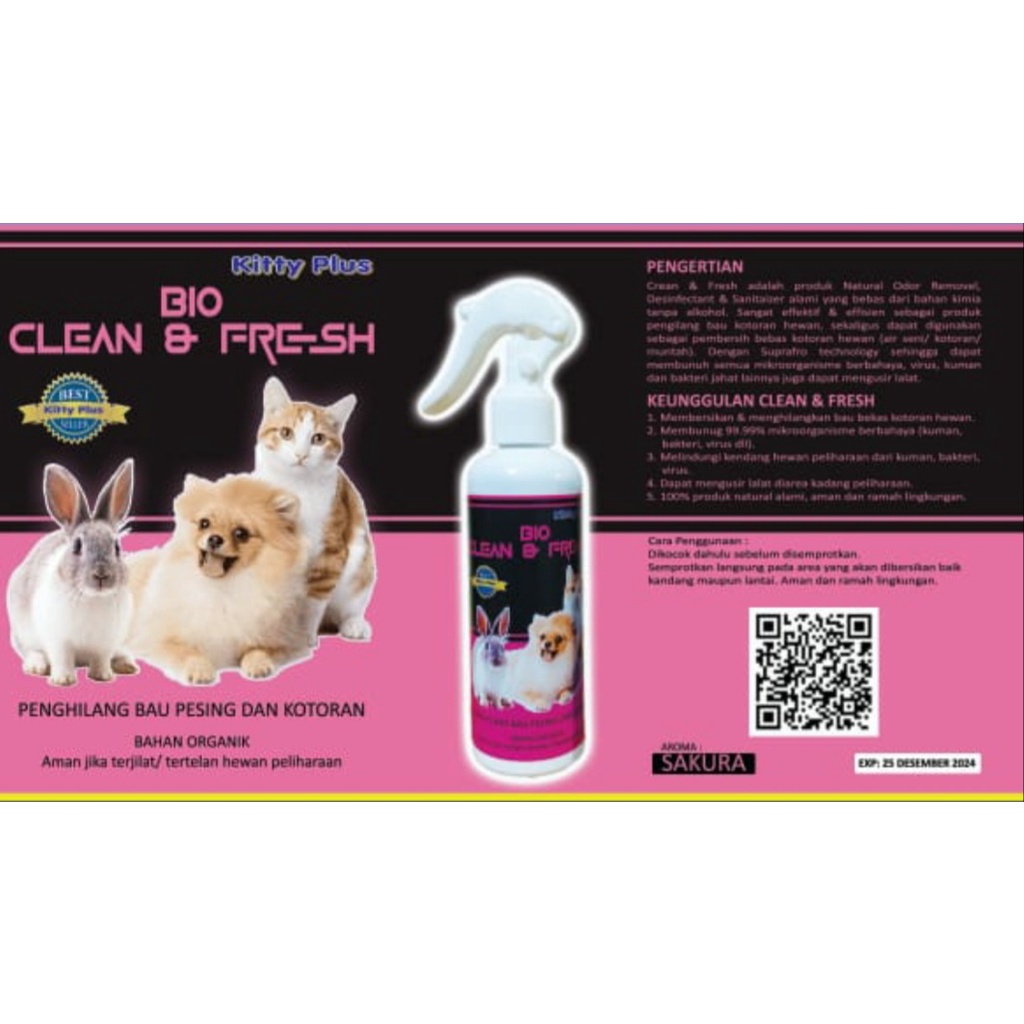 KITTY PLUS BIO Clean &amp; Fresh Deodorizing Spray 250 ml | penghilang bau kandang aroma sakura