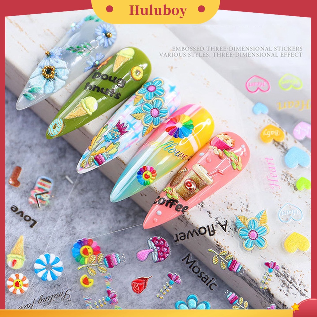 Huluboy Huluboy♡ Stiker Kuku Motif Ukir Efek 5D Dengan Perekat Untuk Dekorasi Manicure