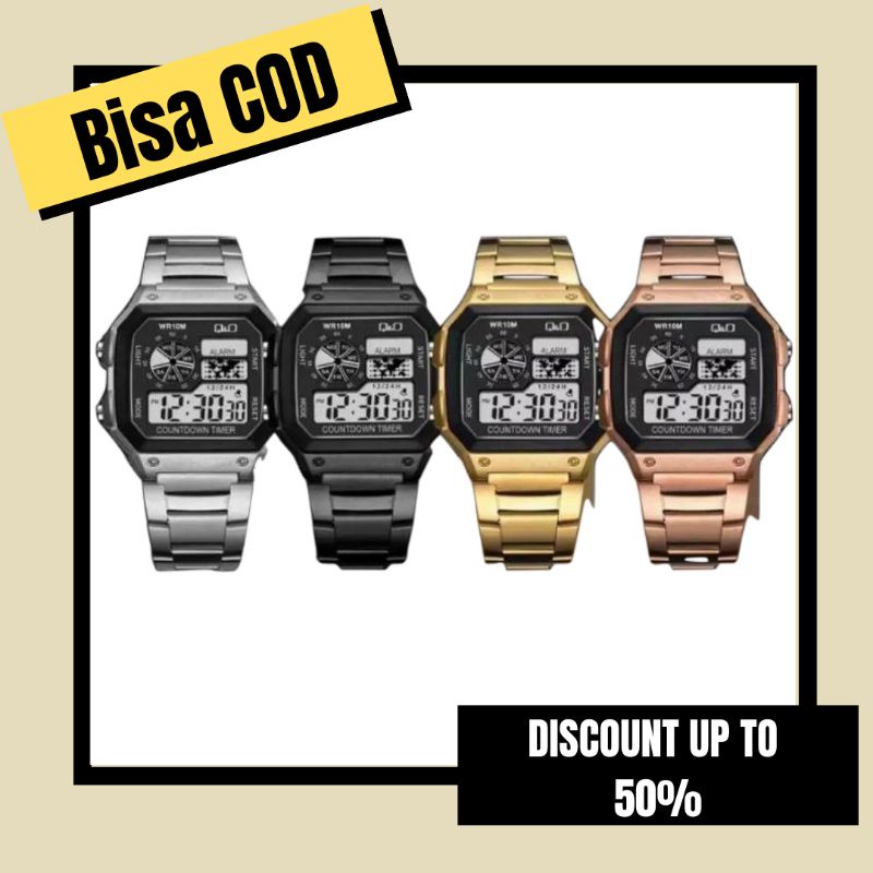 Jam Tangan Pria/Wanita Q&Q Kasual Digital Kotak Rantai AE Peta Jam Tangan Pria QQ Digital AE1200 Ran