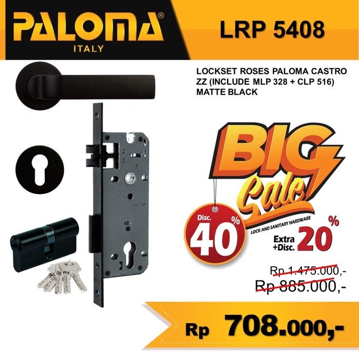 Paloma Kunci Set Handle Pintu Handle Set LockSet Castro LRP 5408 Matte Black