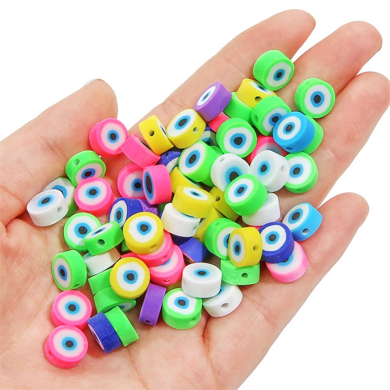 30Pcs/lot 10mm Evil Eye Flat Round Clay Polymer Beads Loose Beads For Making DIY Kids Jewelry Bracelet Necklace Accessories