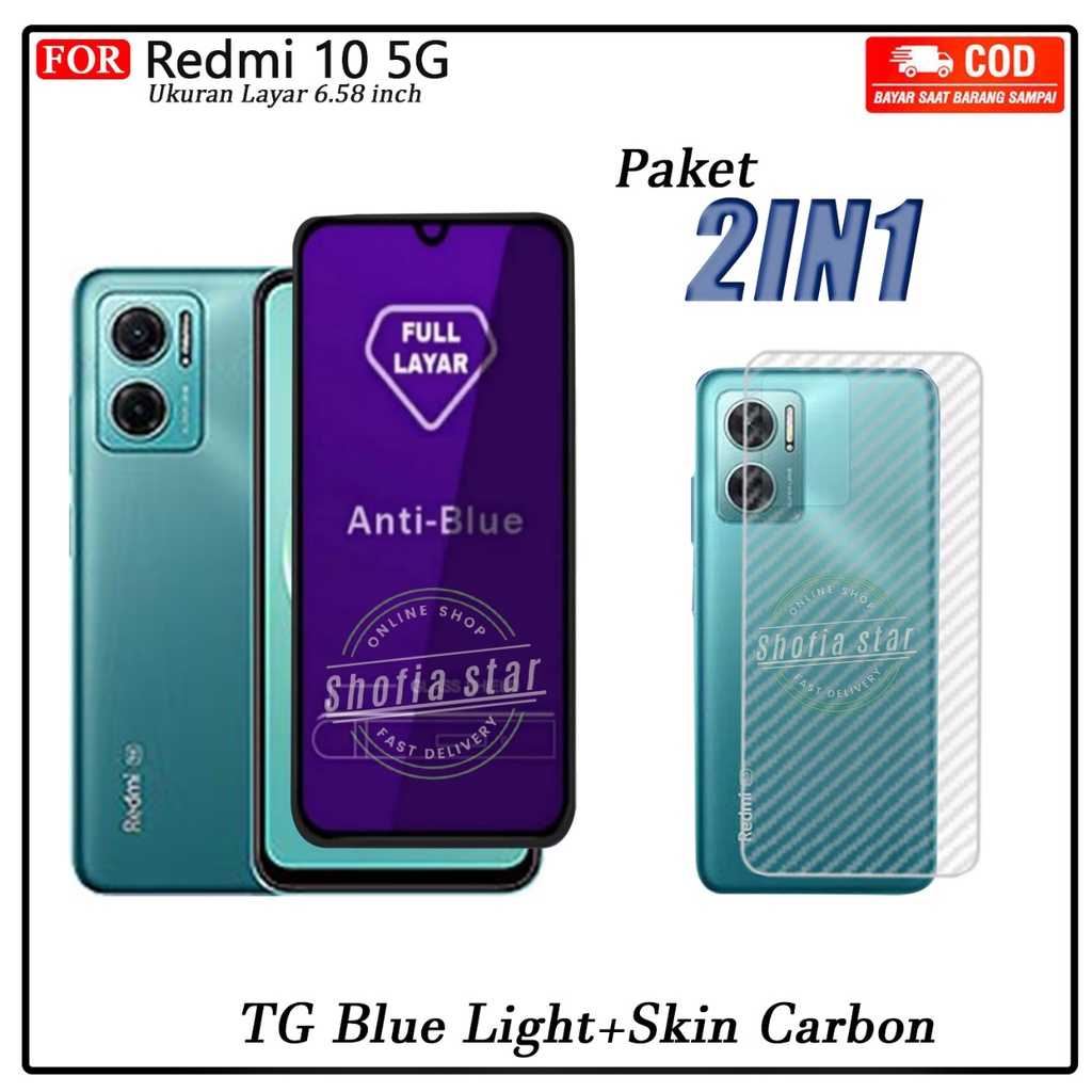 2IN1 Anti Gores Ceramik Blue Light Redmi 10 5G Anti Radiasi Kaca Full Cover Free Skin Carbon