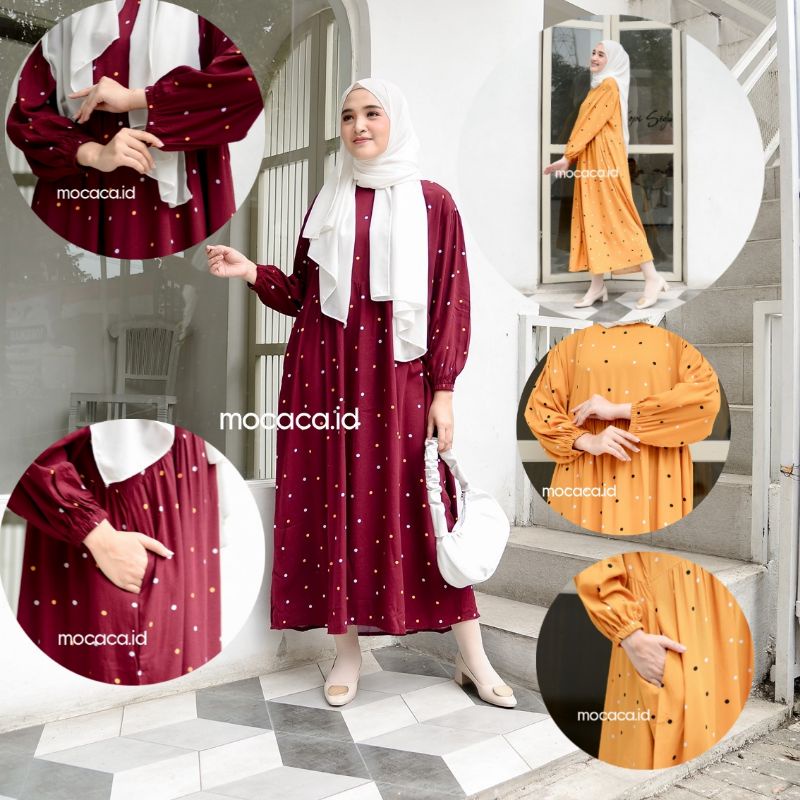 midi dress polkadot merah maroon kuning polka ootd hijab lengan karet kekinian katun rayon adem