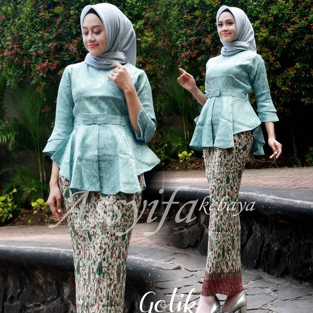 Stelan Kebaya Modern Jaquard Mint Rok Plisket dan Lainnya