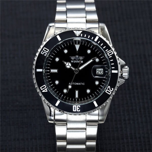 Jam Tangan Pria Mekanik Automatic Winner Submariner Silver Black Original