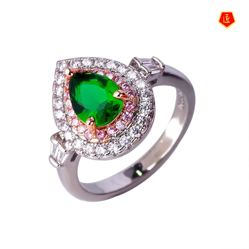 [Ready Stock]Elegant Personality Emerald Pink Diamond Ring