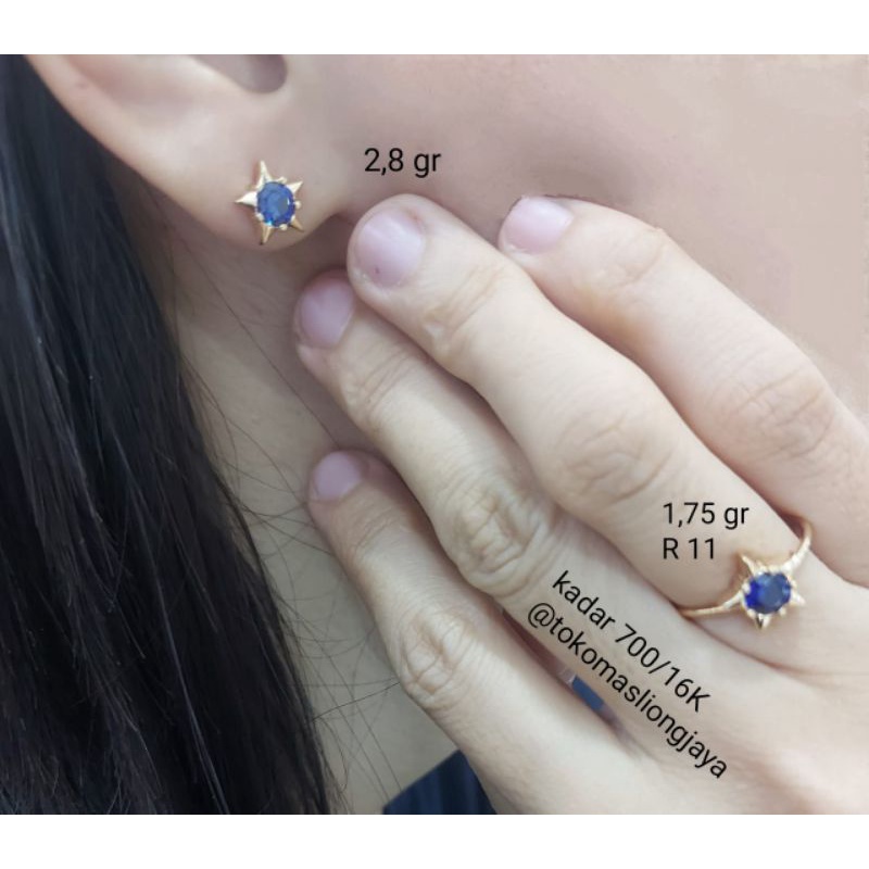 Anting & Cincin Birthstone Mata Biru Emas Kadar 700/16K