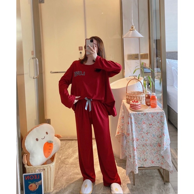 Piyama PP Import Korea piyama oversize setelan kaos import premium piyama import piyama murah-Pp love polos maroon