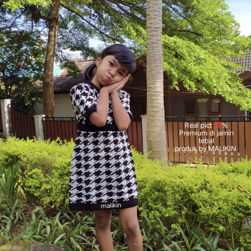 MALIKIN DRESS ANAK HOUNDSTOOTH 4-5-6 TAHUN/DRESS ANAK/DRESS RAJUT ANAK