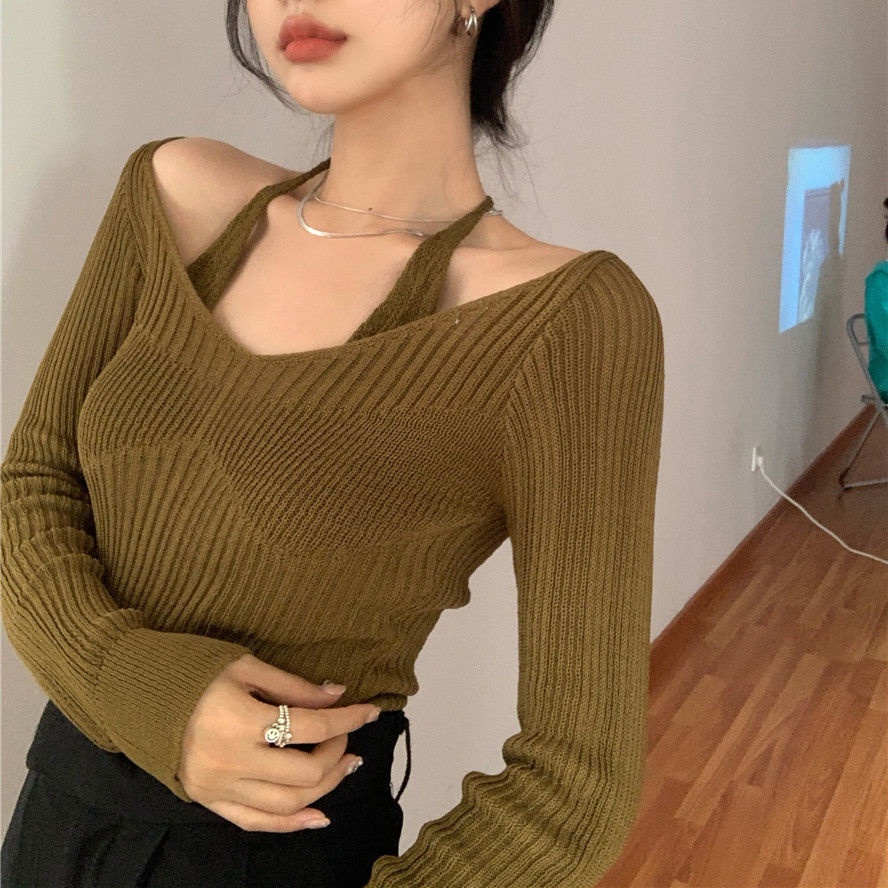 Red Sweater halter seksi musim gugur niche bergaris lengan panjang atas wanita gaya aroma kecil slim fit sweater rajutan warna solid