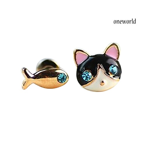 OW@ 1 Pair Korean Women Cute Cat Fish Rhinestone Stud Earrings Fashion Jewelry