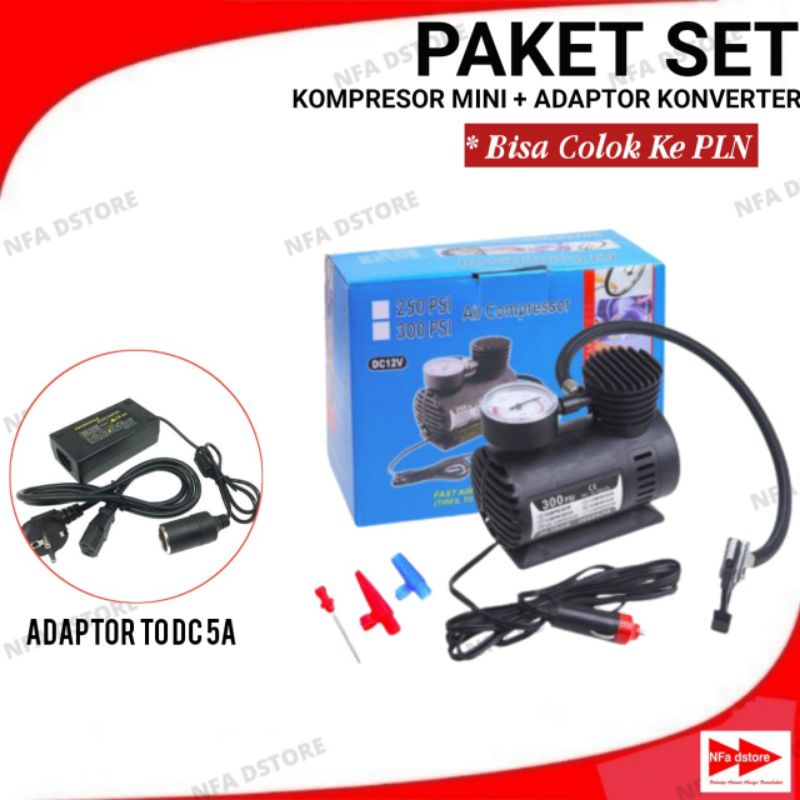 Paket Set Siap Pakai Kompresor Mini + Adaptor Ac To DC