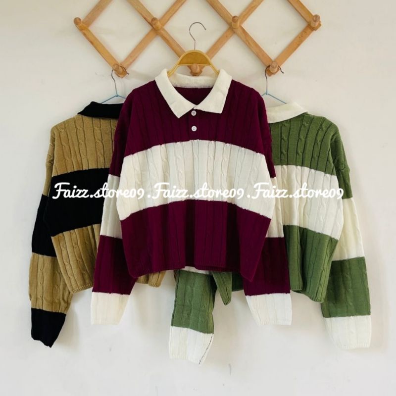 DANIE SWEATER RAJUT WANITA CROP KERAH WANGKI MOTIF CABLE PREMIUM MURAH