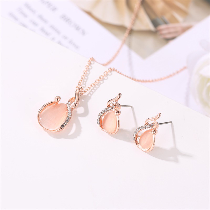 Kalung Necklace Women Anting Kalung Opal Kristal Segar Kecil Sederhana Dua Potong