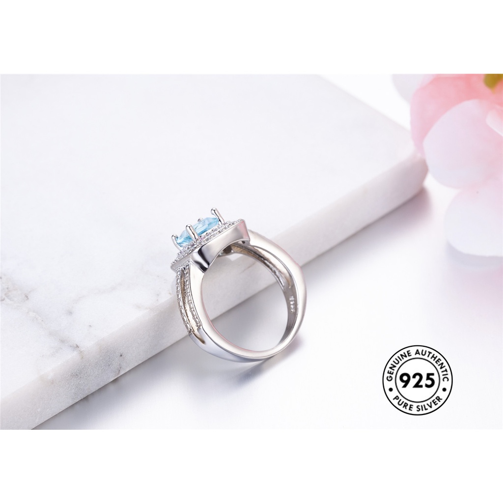 Cincin Silver S925 Hias Batu Permata Biru Laut Gaya Elegan Untuk Wanita