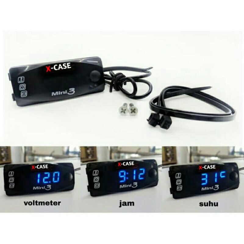 Volt Meter Aki + Plus Jam Digitar + Suhu 3 In 1 Universal semua motor