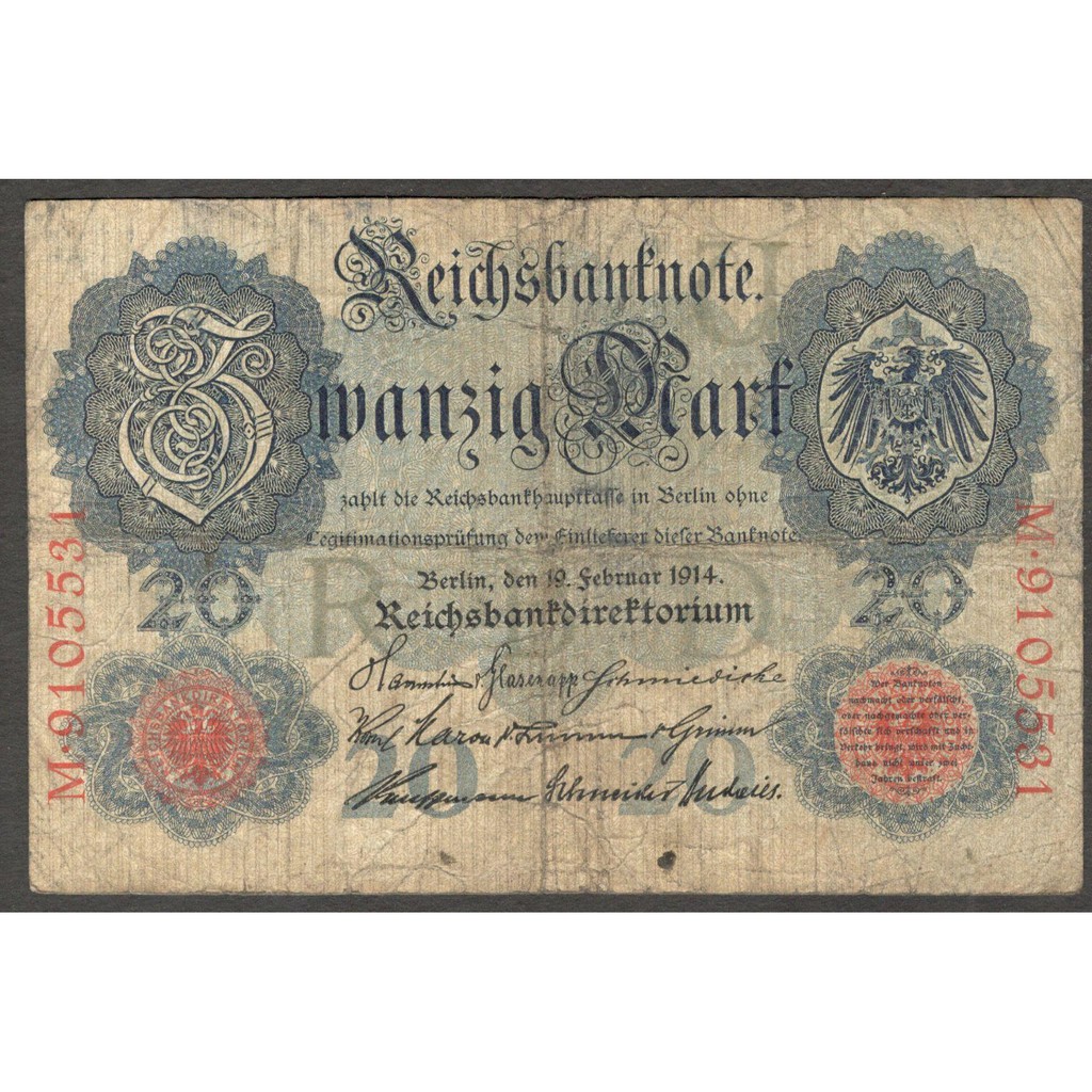 Uang Kertas Kuno Jerman Germany Reichsbanknote 20 Mark 1914 VF Bekas
