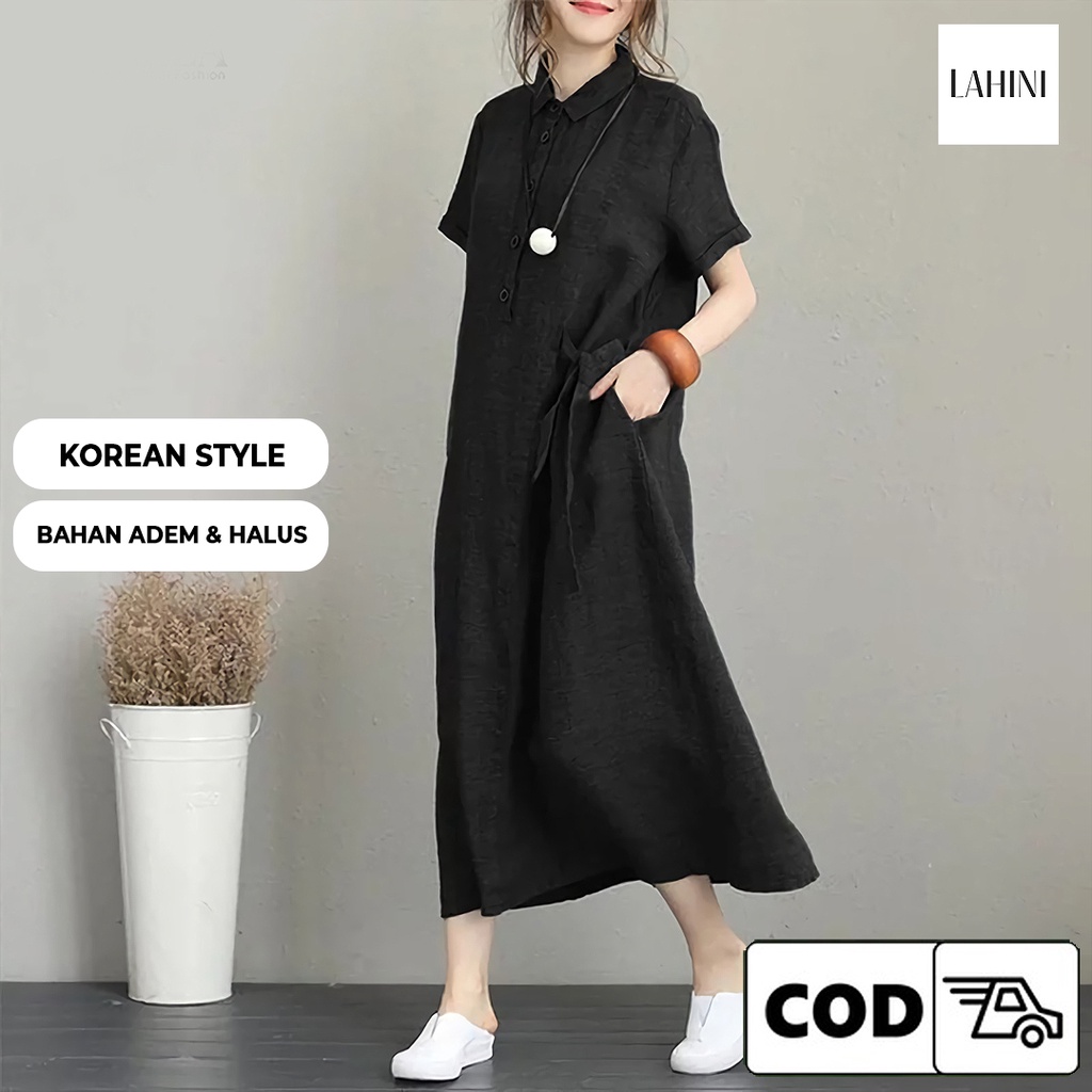 Dress Pendek Wanita Midi Dress Korea Vintage Kekinian Kancing Depan Busui Friendly Bahan Linen Adem 