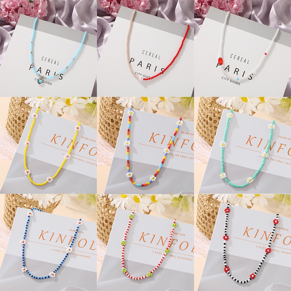 Kalung Rantai Choker Liontin Manik-Manik Bunga Warna-Warni Gaya Korea Bohemian Untuk Wanita