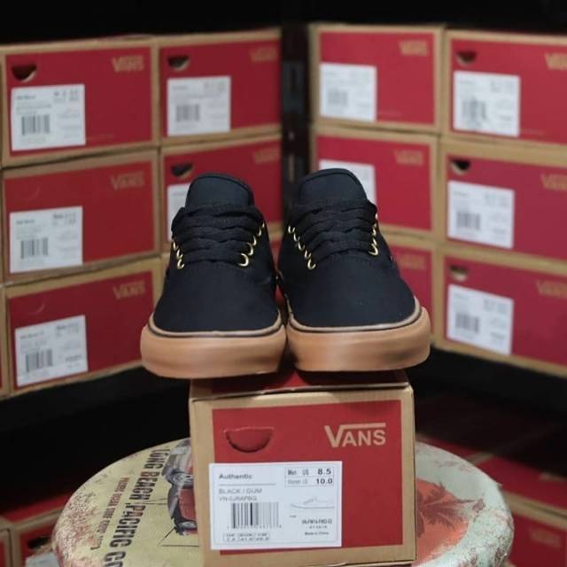 VANS AUTHENTIC BLACK GUM HITAM COKLAT WAFFLE DT