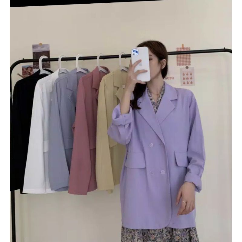Pakaian wanita Korea Blazer longgar warna solid tipis