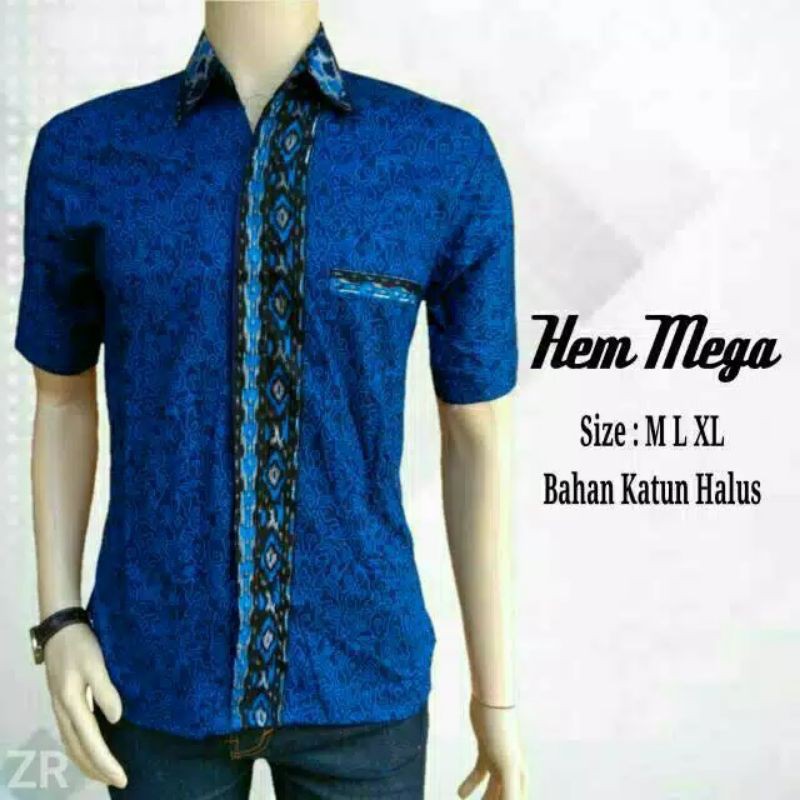 HEM MEGA MENDUNG ATASAN KEMEJA BATIK PRIA COWOK LENGAN PENDEK WARNA BIRU ELEKTRIK BCA SIMPLE POLOS