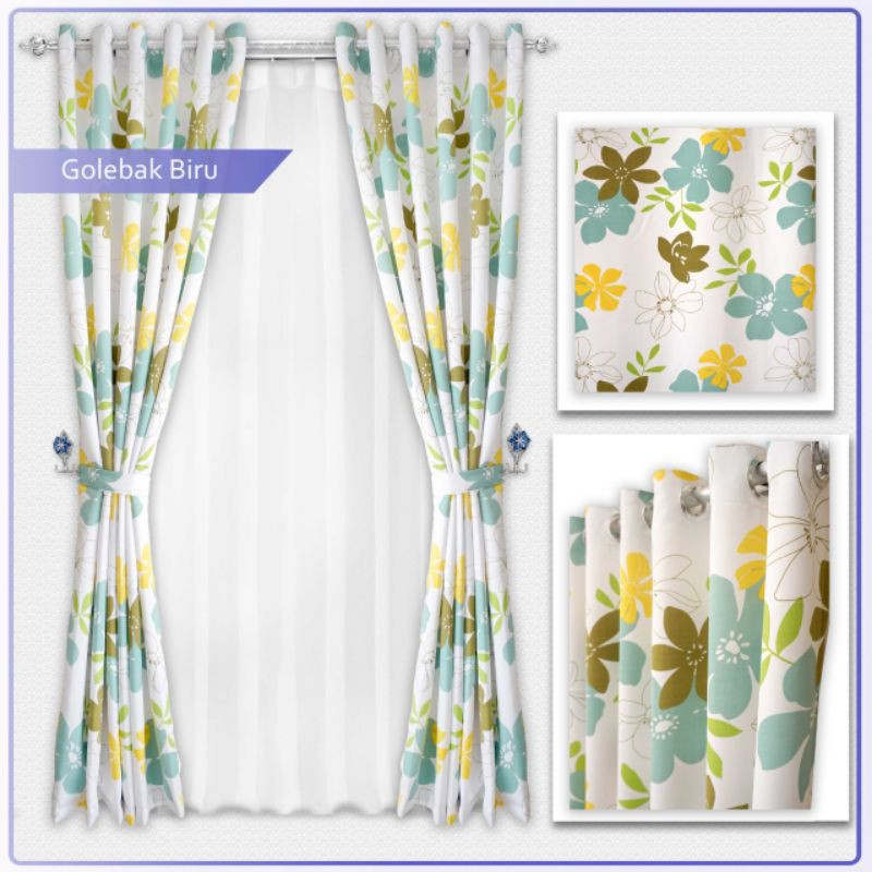 Gorden satin motif shabby bunga biru hordeng tebal jendela
