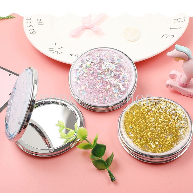 Cermin Saku Lipat Mini Portable Dua Sisi Motif Pasir Glitter Untuk Makeup / Kosmetik Wanita