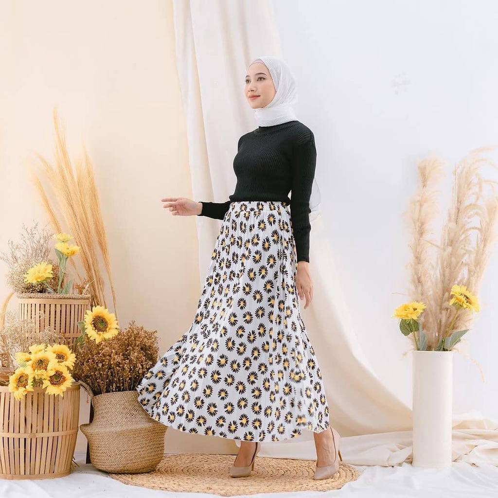 Rok Flower Plisket Hyget Premium Murah / Rok Plisket Motif Bunga / Rok Wanita Murah