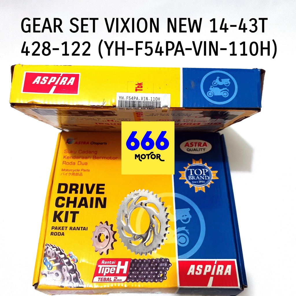 GEAR SET DEPAN BELAKANG PLUS RANTAI VIXION NEW 14-43T/428-122 (YH-F54PA-VIN-110H)  ASPIRA ASTRA OTOPART