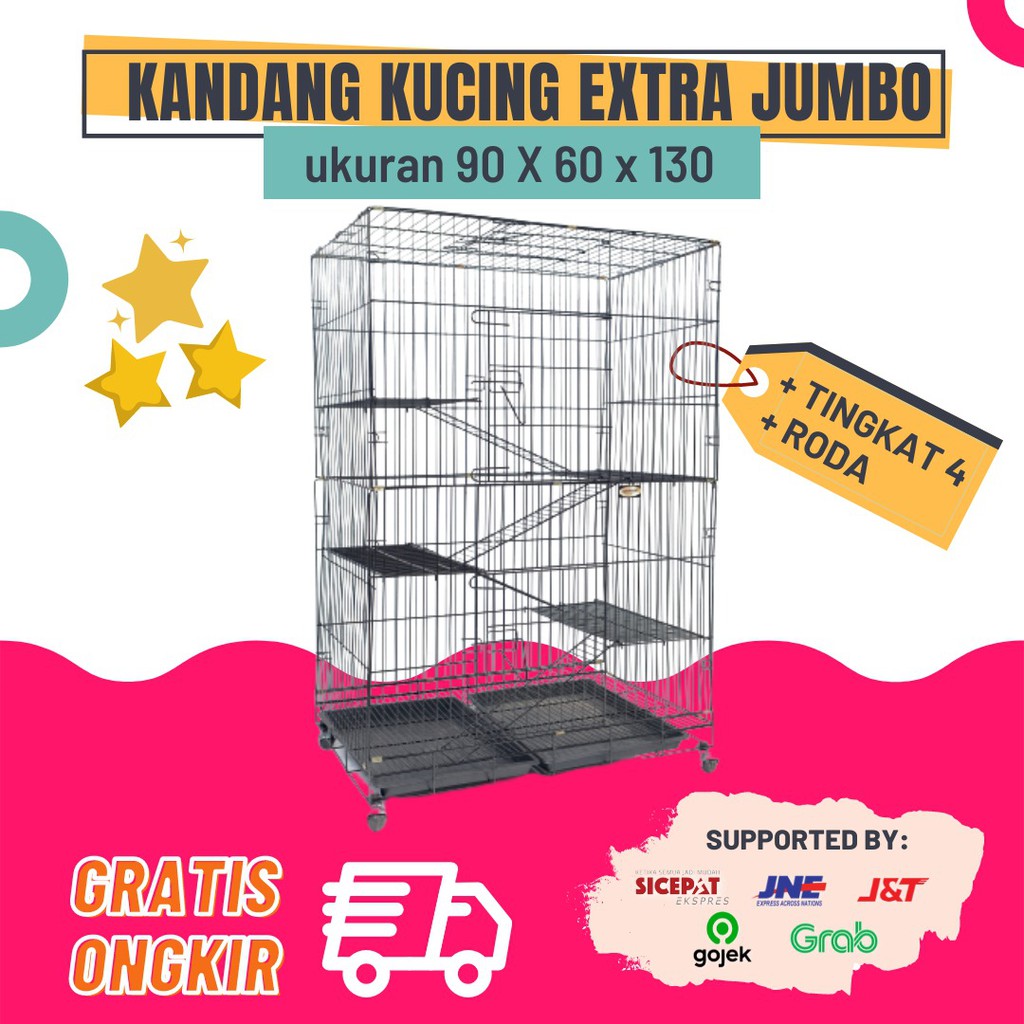 Kandang Kucing Tingkat 4 EXTRA JUMBO Size XXL 130x90x60cm + RODA (bisa untuk 6-8 ekor kucing