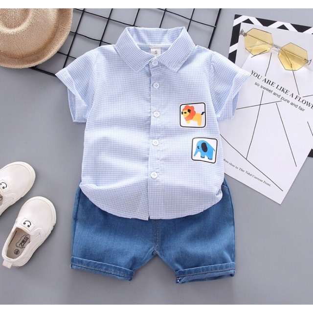 Baju anak import anak laki-laki setelan kemeja anak laki-laki lengan pendek celana pendek jeans