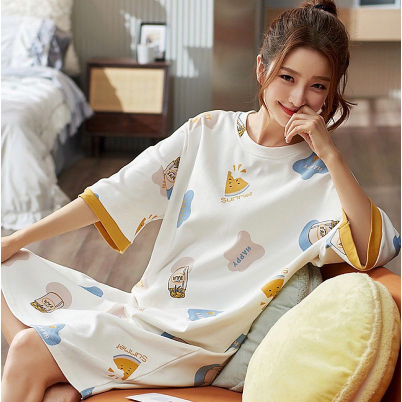 Daster Wanita Impor Warna Putih Motif Food Dress Wanita Bahan Katun Lengan Pendek