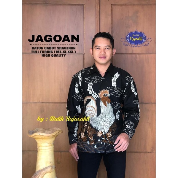 KEMEJA BATIK SOLO MEGA MENDUNG AYAM JAGOAN PUTIH HITAM RJS BATIK PRIA SIZE M L XL XXL