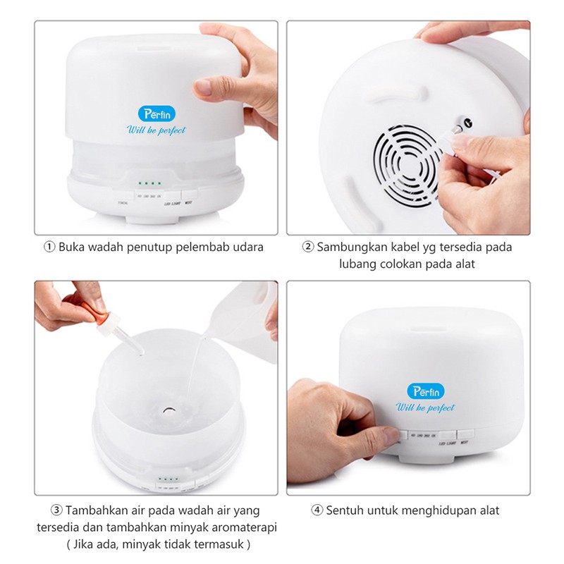 Perfin 500ml aromaterapi humidifier 7 berubah warna LED putih muda+kendali jarak jauh