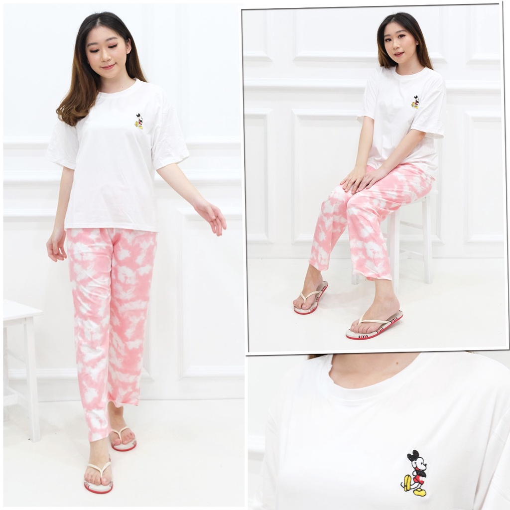 Piyama Baju Tidur Import Sleepwear Lengan Pendek Celana Panjang Polos Stelan Rumah Oversize Ice Silk-CP-Miky Polos Pink