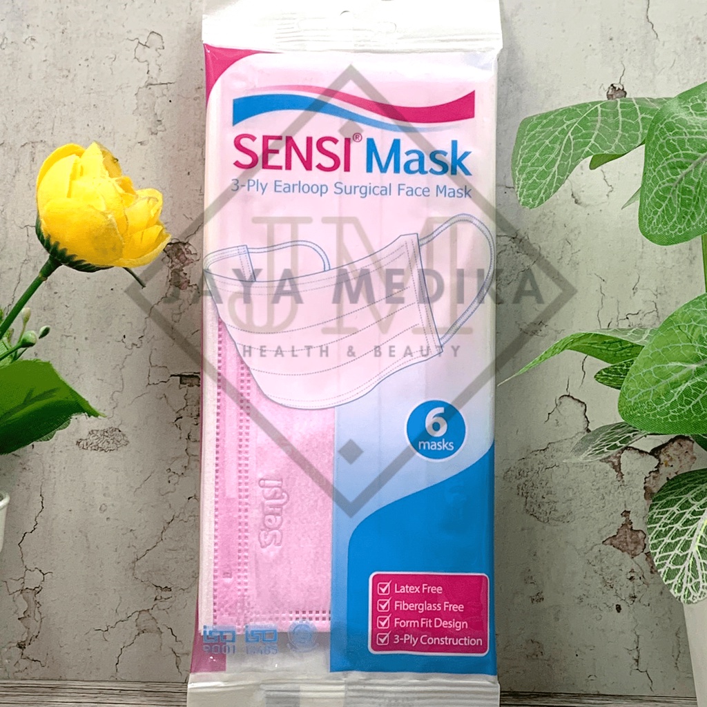 Sensi Mask 3-Ply Earloop Surgical Face Mask Pink Isi 6 Pcs