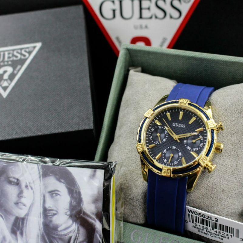 Jam Tangan Wanita Guess W0562L2 Chronograph Date Navy Blue Rubber Leather Strap Original