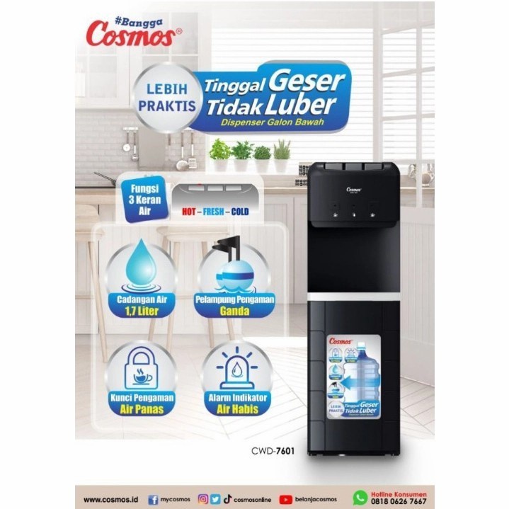 Dispenser Berdiri Galon Bawah 3 Kran Cosmos Hot Cool Normal CWD 7601 (gosend)