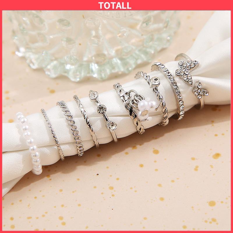 COD 9 PCS Wanita Tipis Berongga Mutiara Kristal Kupu-kupu Berlian Premium Knuckle Ring Set-Totall