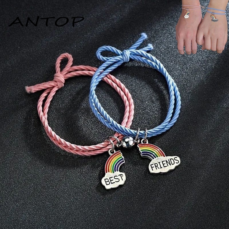 2pcs / Set Gelang Pelangi Tali Kepang Magnetik Adjustable Hias Manik-Manik Hitam Gaya Etnik China Untuk Pasangan Perhiasan Fashion ANTOP