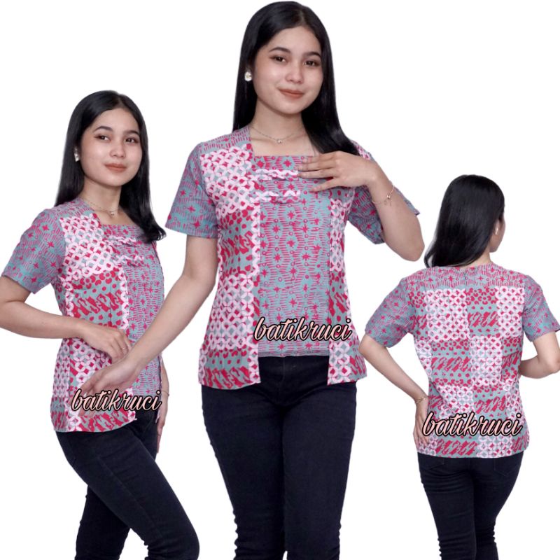 Blouse batik wanita modern model kombinasi motif trend masa kini .