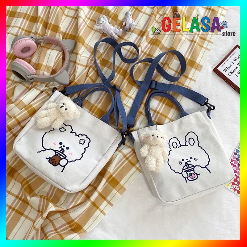 GELASA Tas Canvas Korea 2in1 Totebag Selempang FREE Gantungan boneka