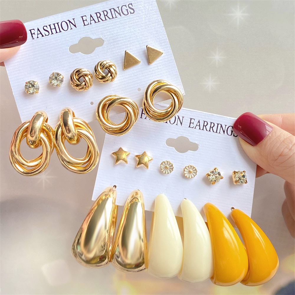 10pcs/set Pearl Metal Drop Earrings Set Fashion Women's Acrylic  Korean Geometric Twisted Metal Round Dangle Earrings Jewelry Party Gift