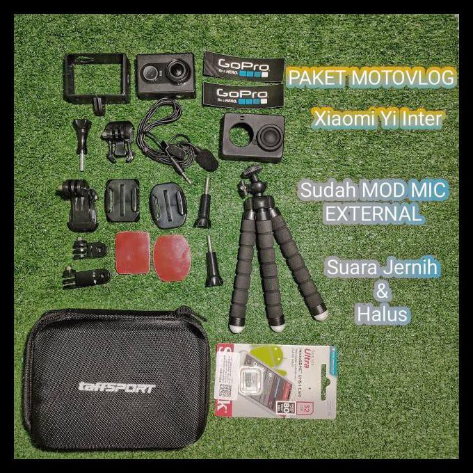 {BISA COD} Paket Xiaomi Yi Action Camera Sudah Mod Mic External Motovlog Yi cam Inter Action Camera