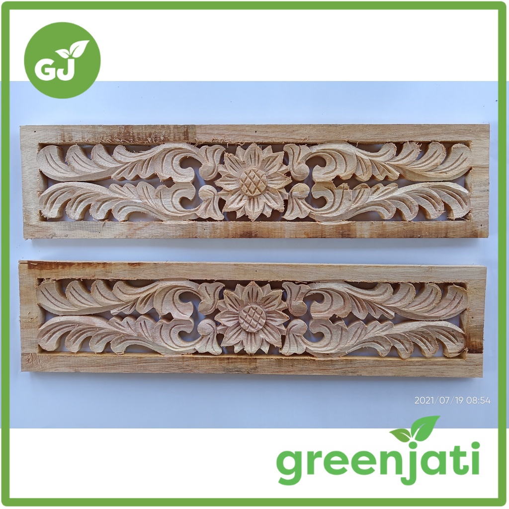 Ornamen Ukir Tempel Kepingan Loster Kayu Mahoni Motif Matahari 50 X 12 cm Asli Buatan Jepara