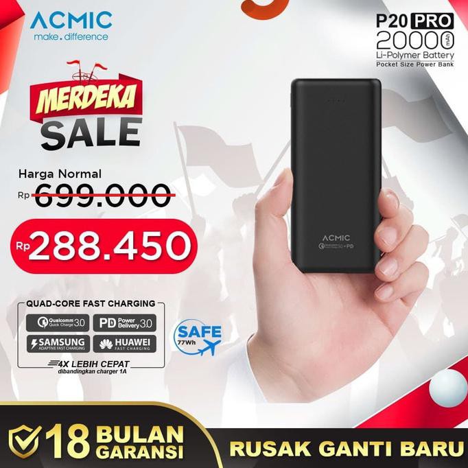 ACMIC P20PRO 20000MAH POWERBANK QUICK CHARGE 3.0 + PD POWER DELIVERY - HITAM